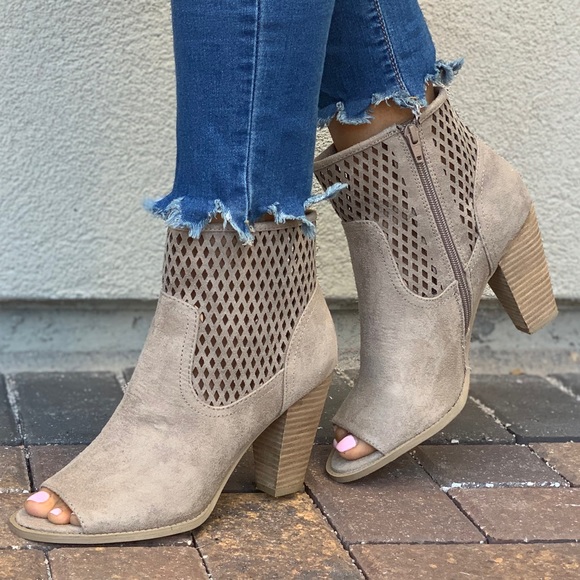 Taupe Peep Toe Perforated Laser Cut Ankle Bootie - Picture 3 of 8